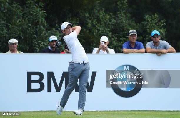 Adrien Saddier of France tees off on the 4th hole during day three of the BMW South African Open Championship at Glendower Golf Club on January 13,...