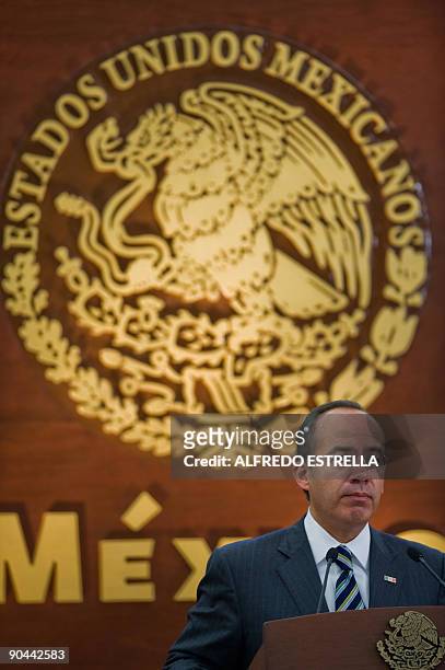 Mexican President Felipe Calderon speaks during a press conference at the presidential residence Los Pinos, in Mexico City, on September 8, 2009....