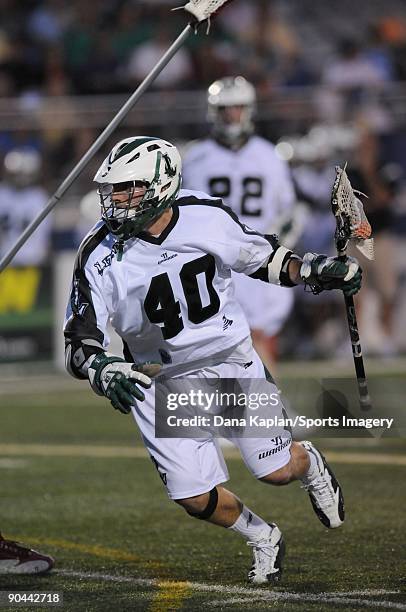 Matt Danowski of the Long Island Lizards controls the ball during a Major League Lacrosse game against the Toronto Nationals at Shuart Stadium on...
