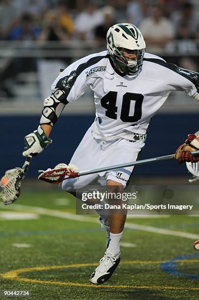 Matt Danowski of the Long Island Lizards controls the ball during a Major League Lacrosse game against the Toronto Nationals at Shuart Stadium on...