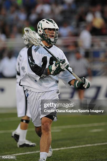Stephen Peyse of the Long Island Lizards controls the ball during a Major League Lacrosse game against the Toronto Nationals at Shuart Stadium on...