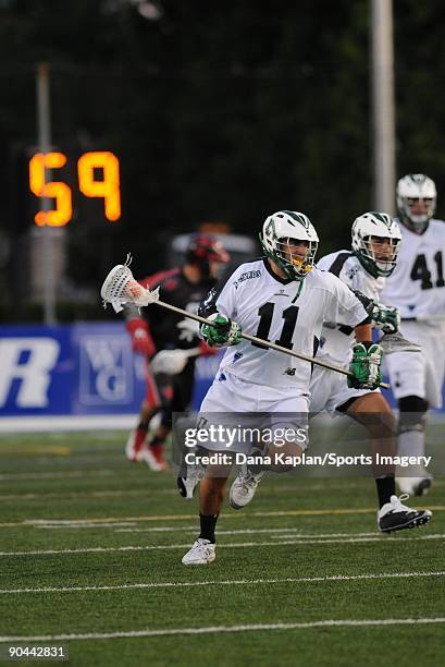 John Gagliardi of the Long Island Lizards controls the ball during a Major League Lacrosse game against the Toronto Nationals at Shuart Stadium on...