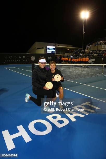 Elise Mertens of Belgium and Demi Schuurs of the Netherlands pose after winning the doubles final againsts Lyudmyla Kichenok of the Ukraine and...