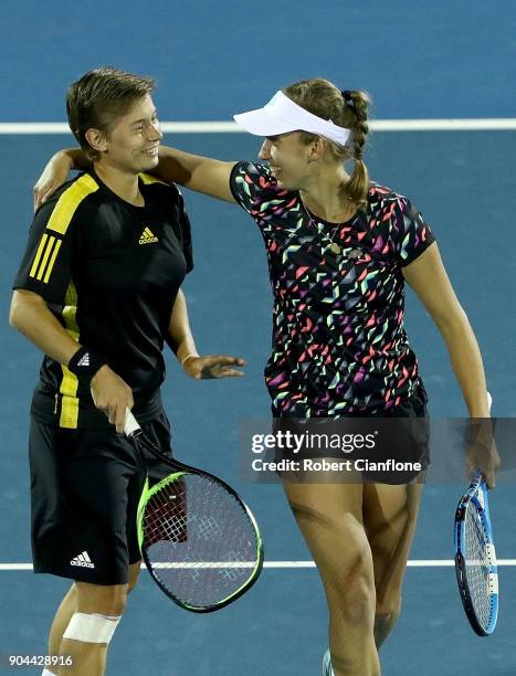 Elise Mertens of Belgium and Demi Schuurs of the Netherlands celebrate after winning the doubles final againsts Lyudmyla Kichenok of the Ukraine and...