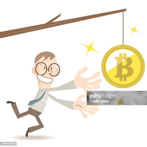 geschäftsmann, versuchung und erreichen eine bitcoin goldwährung münze am ende eines stockes - stock market stock-grafiken, -clipart, -cartoons und -symbole