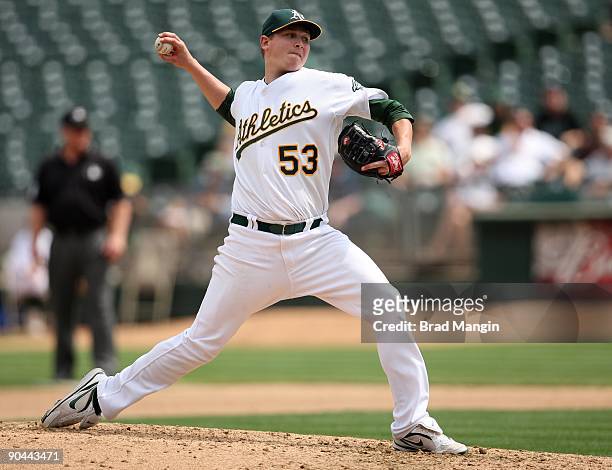 Trevor Cahill of the Oakland Athletics pitches against the Kansas City Royals during the game at the Oakland-Alameda County Coliseum on September 2,...