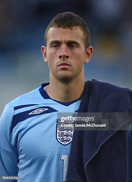 Scott Loach of England looks on during the UEFA U21 Championship match between Greece and England at the Asteras Tripolis Stadium on September 8,...