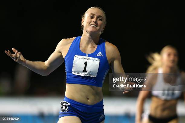 Sally Pearson competes in the women's 100 metre hurdles during the Jandakot Airport Perth Track Classic at WA Athletics Stadium on January 13, 2018...