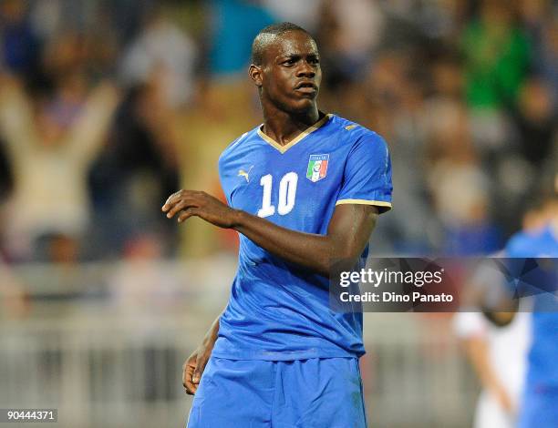 Mario Balotelli of Italy celebrates the goal during the UEFA U21 Championship Group 3 qualifying match between Italy and Luxembourg at at Silvio...