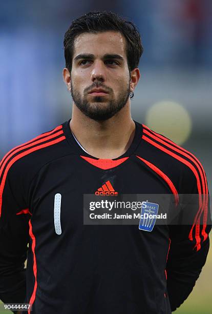 Konstantinos Lamprou of Greece looks on during the UEFA U21 Championship match between Greece and England at the Asteras Tripolis Stadium on...