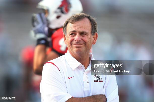 Head Coach Stan Parrish of the Ball State Cardinals looks on during their game against the North Texas Mean Green at Scheumann Stadium on September...