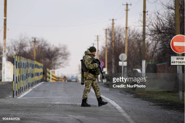 Border guards on Checkpoint &quot;Hnutove&quot; in Hnutove village, near Mariupol, Ukraine on 12 January 2018.