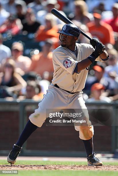 Tony Gwynn Jr. #18 of the San Diego Padres bats against the San Francisco Giants during the game at AT&T Park on September 7, 2009 in San Francisco,...