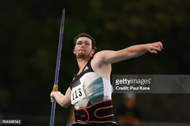 Rhys Stein competes in the men's javelin throw during the Jandakot Airport Perth Track Classic at WA Athletics Stadium on January 13, 2018 in Perth,...