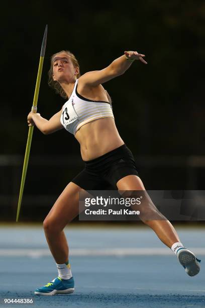 Chloe Metcalfe competes in the women's javelin throw during the Jandakot Airport Perth Track Classic at WA Athletics Stadium on January 13, 2018 in...