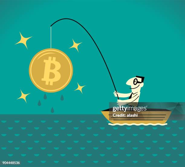 bitcoin-mining-pool (kryptowährung bergbau), geschäftsmann (bergmann) stehend auf einem boot und angeln, fangen eine bitcoin währung gold münze - angel investor stock-grafiken, -clipart, -cartoons und -symbole