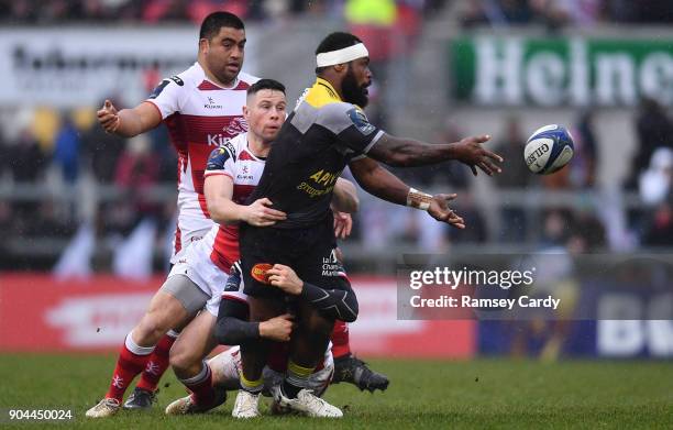 Belfast , United Kingdom - 13 January 2018; Levani Botia of La Rochelle is tackled by John Cooney of Ulster during the European Rugby Champions Cup...