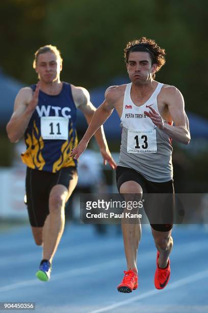 Aaron Bresland competes in the men's 100 metre during the Jandakot Airport Perth Track Classic at WA Athletics Stadium on January 13, 2018 in Perth,...