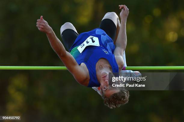 Grant Szalek competes in the men's high jump during the Jandakot Airport Perth Track Classic at WA Athletics Stadium on January 13, 2018 in Perth,...