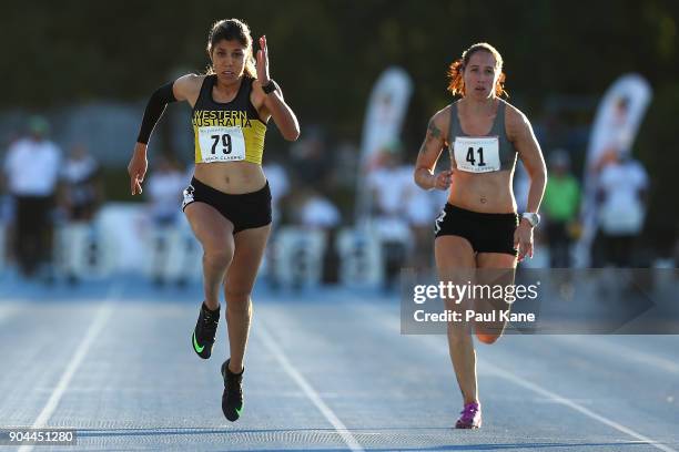 Ella Pardy competes in the women'a 100 metre Div B during the Jandakot Airport Perth Track Classic at WA Athletics Stadium on January 13, 2018 in...