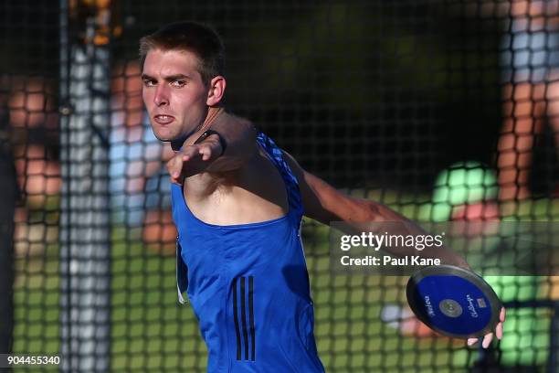 Cedric Dubler of Queensland competes in the men's discus throw during the Jandakot Airport Perth Track Classic at WA Athletics Stadium on January 13,...