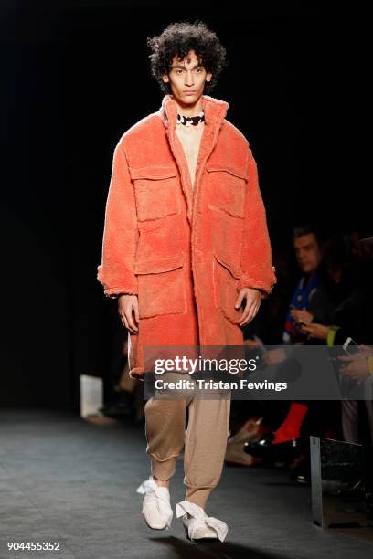 Model walks the runway at the Miaoran show during Milan Men's Fashion Week Fall/Winter 2018/19 on January 13, 2018 in Milan, Italy.