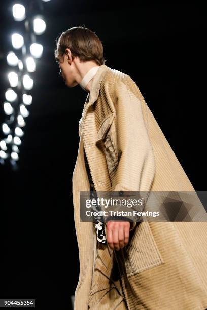 Model walks the runway at the Miaoran show during Milan Men's Fashion Week Fall/Winter 2018/19 on January 13, 2018 in Milan, Italy.