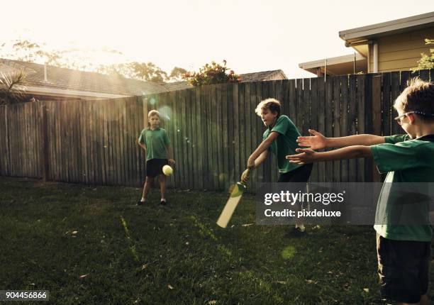 男の子に何が最善をやっている! - cricket player ストックフォトと画像