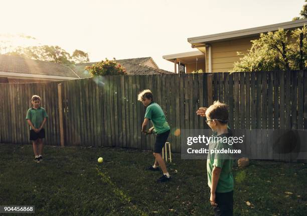 hij speelt het spel zo goed - cricket game fun stockfoto's en -beelden