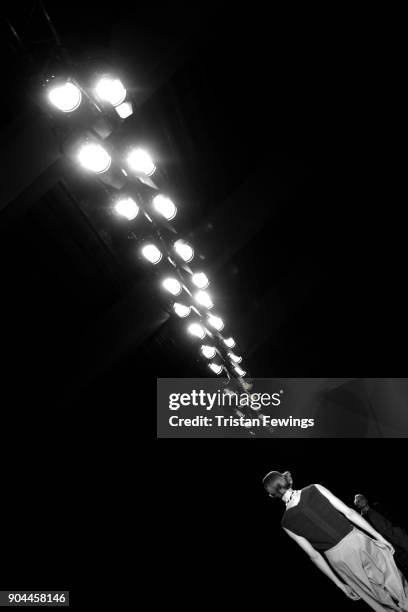 Model walks the runway at the Miaoran show during Milan Men's Fashion Week Fall/Winter 2018/19 on January 13, 2018 in Milan, Italy.