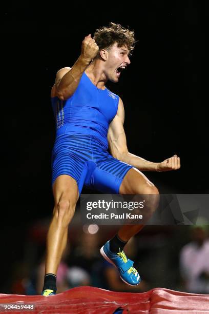 Kurtis Marschall celebrates clearing 5.78m in the men's pole vault during the Jandakot Airport Perth Track Classic at WA Athletics Stadium on January...