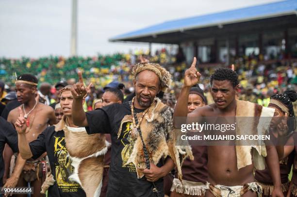 Members of the Khoisan community attend the African National Congress's 106th anniversary celebration at Absa Stadium in East London on January 13,...