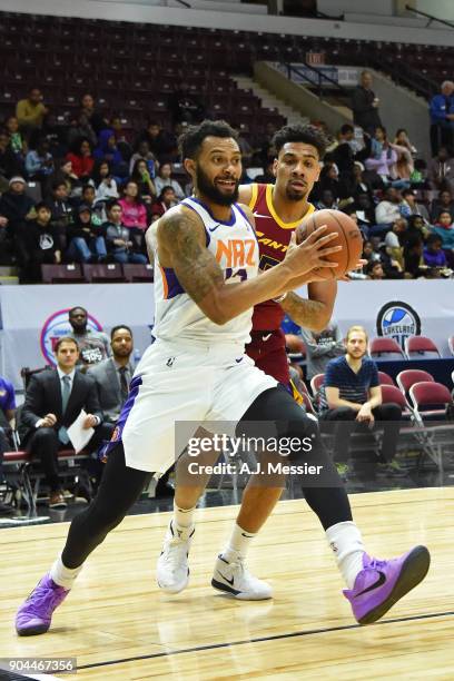Xavier Silas of the Northern Arizona Suns drives to the basket against the Canton Charge during the NBA G-League Showcase on January 12, 2018 at the...