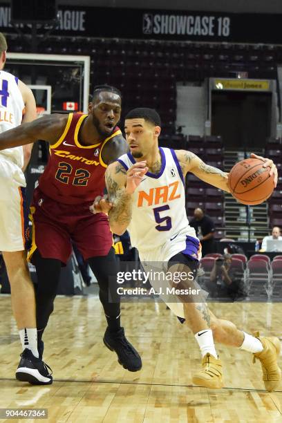 Josh Gray of the Northern Arizona Suns drives to the basket against the Canton Charge during the NBA G-League Showcase on January 12, 2018 at the...