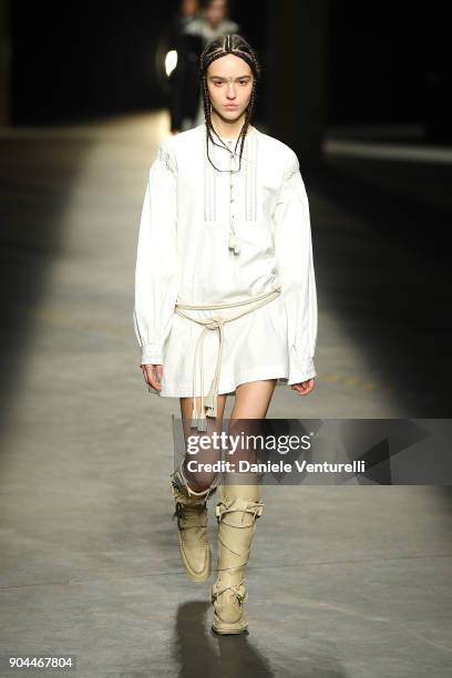 Model walks the runway at the Diesel Black Gold show during Milan Men's Fashion Week Fall/Winter 2018/19 on January 13, 2018 in Milan, Italy.