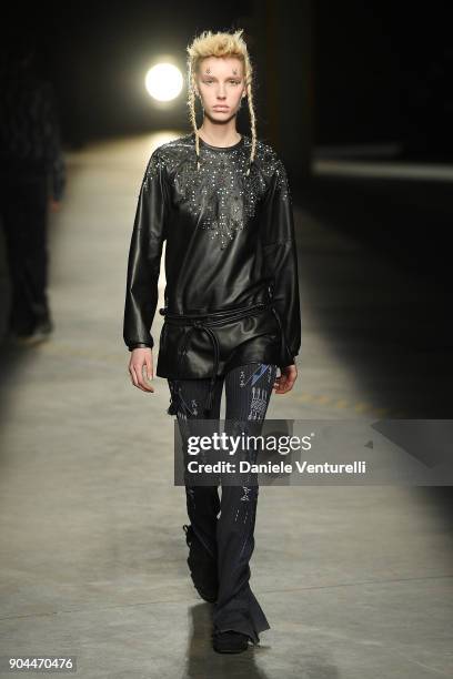 Model walks the runway at the Diesel Black Gold show during Milan Men's Fashion Week Fall/Winter 2018/19 on January 13, 2018 in Milan, Italy.