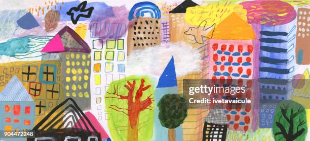 illustrazioni stock, clip art, cartoni animati e icone di tendenza di pittura multimediale mista di varietà di edifici e uccelli in una città - midwest