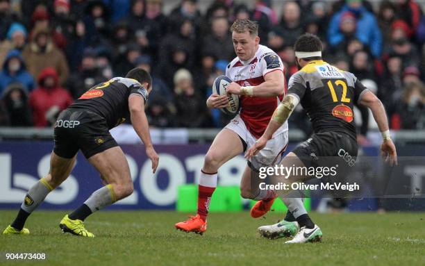 , United Kingdom - 13 January 2018; Craig Gilroy of Ulster in action against Geoffrey Doumayrou and Pierre Aguillon of La Rochelle during the...