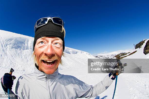 a moustached skier riksgransen sweden. - funny snow skiing stock pictures, royalty-free photos & images