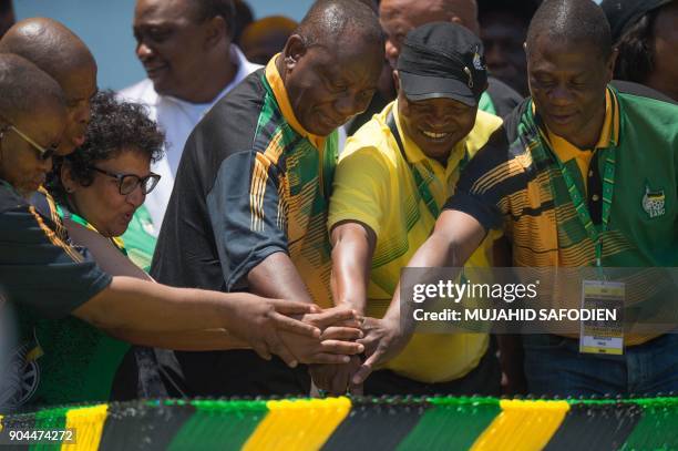 African National Congress National Chairperson Gwede Mantashe, Secretary-General Ace Magashule, Deputy Secretary-General Jessie Duarte, President...