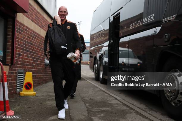 John Ruddy of Wolverhampton Wanderers arrives prior to the Sky Bet Championship match between Barnsley and Wolverhampton at Oakwell Stadium on...