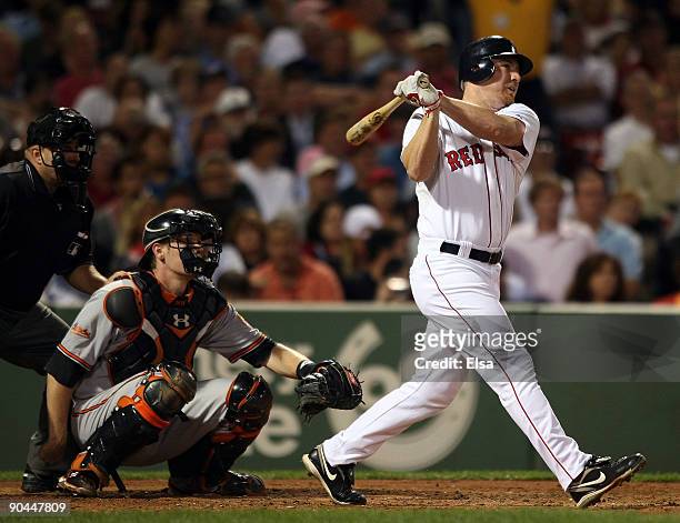Drew of the Boston Red Sox hits a 3RBI homer as Matt Wieters of the Baltimore Orioles defends on September 8, 2009 at Fenway Park in Boston,...