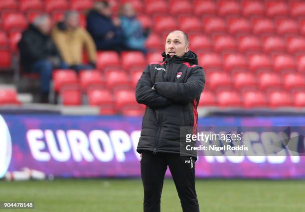 Pierre Mignoni coach of Lyon during the European Rugby Challenge Cup match between Sale Sharks and Lyon at the AJB Stadium on January 13, 2018 in...