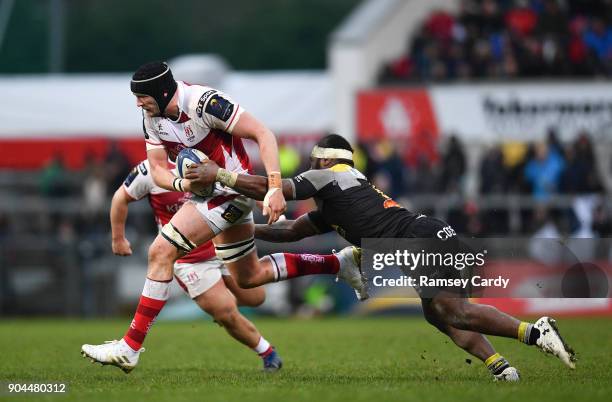 Belfast , United Kingdom - 13 January 2018; Kieran Treadwell of Ulster is tackled by Levani Botia of La Rochelle during the European Rugby Champions...
