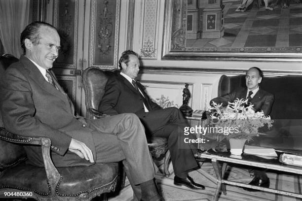 French President Valery Giscard d'Estaing and French Foreign Affairs Minister Jean Sauvagnargues meet Israeli Foreign Affairs minister Ygal Allon at...