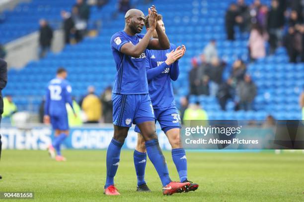 Sol Bamba of Cardiff City and Yanic Wildschut after the final whistle of the Sky Bet Championship match between Cardiff City and Sunderland at the...