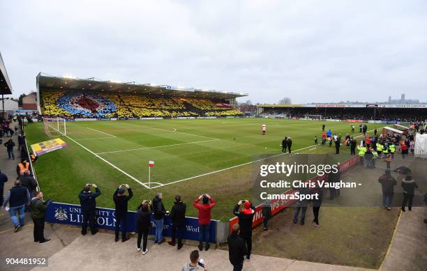 General view of Sincil Bank, home of Lincoln City FC as the fans create a display prior to the Sky Bet League Two match between Lincoln City and...