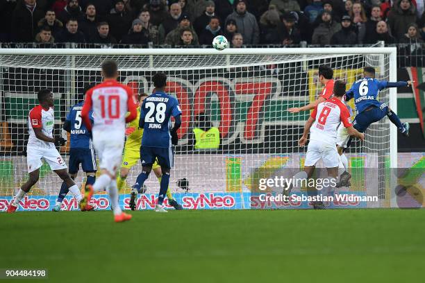 Koo Ja-cheol of Augsburg heads a goal to make it 1:0 during the Bundesliga match between FC Augsburg and Hamburger SV at WWK-Arena on January 13,...