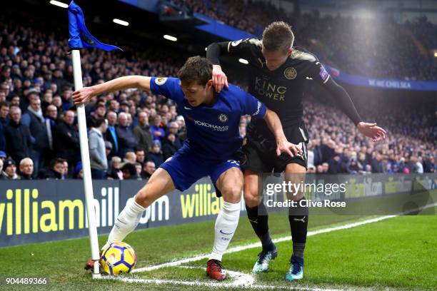 Andreas Christensen of Chelsea is challenged by Jamie Vardy of Leicester City during the Premier League match between Chelsea and Leicester City at...