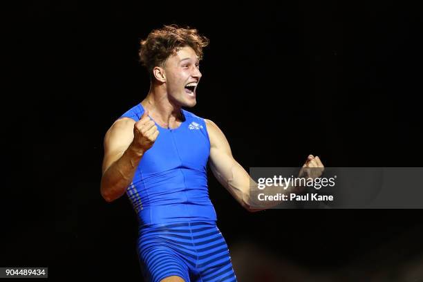 Kurtis Marschall celebrates clearing 5.78m in the men's pole vault during the Jandakot Airport Perth Track Classic at WA Athletics Stadium on January...